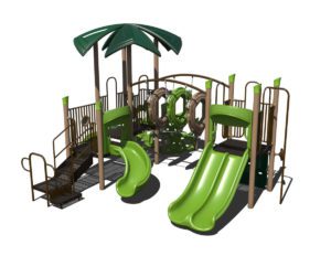 Front view of a small playground structure with three slides,, two climbing elements and a unique climbing ring bridge.