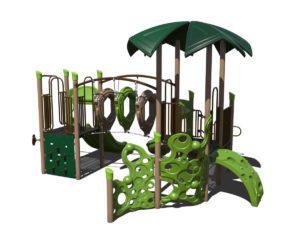 Back view of a small playground structure with three slides,, two climbing elements and a unique climbing ring bridge.
