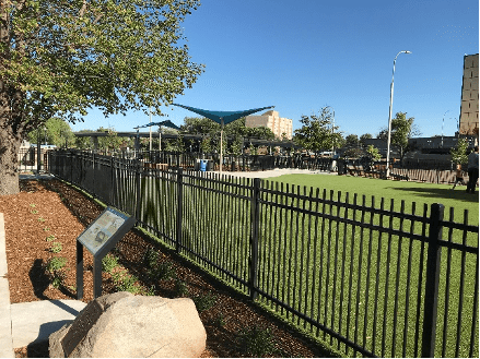 Perspective view of a commercial dog park with artificial turf and ornamental fencing.