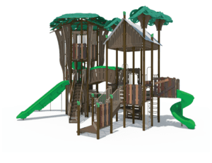Treehouse themed playground with leafy post top accents. Playground company playground installation play structure slides bridges climbing elements play panels interactive children ages 5-12 accessible.