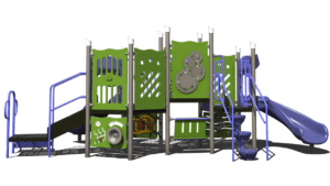 Side view of a play structure with activity panels, slides, and lily pad climber for ages 2-5.