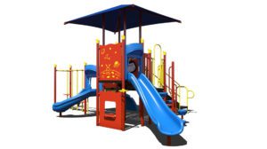 Back view of the compact PS3-31664 play structure with two slides, interactive play panels, and a shade.