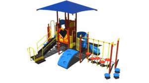 Front view of the compact PS3-31664 play structure with two slides, interactive play panels, and a shade.