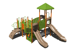 Playground with climbing elements, interactive play panels, and slides.