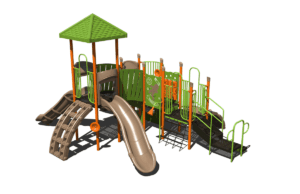 Front view of the PS3-31861 Playground with climbing elements, interactive play panels, and slides.