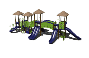 Back view of a Playground rendering with multiple climbing elements, interactive play panels, and slides.