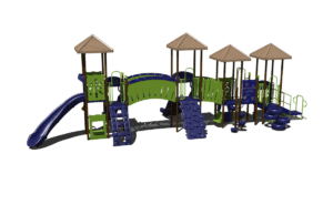 PS3-33461-2 Playground rendering with multiple climbing elements, interactive play panels, and slides.