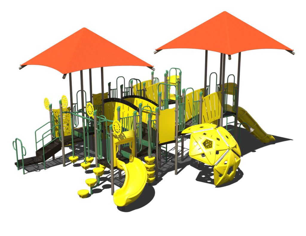 Front view of a 3D product rendering of a playground with slides, climbers, shades and bridges.