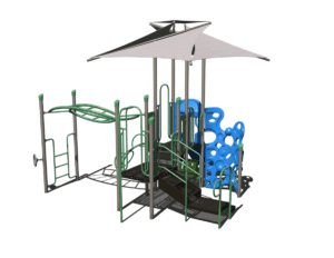 Front view of the PS3-70971 playground rendering with canopy shade, climbing challenges, and a slide.