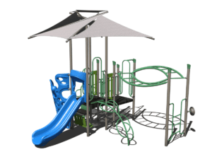 Rear view of a playground rendering with canopy shade, climbing challenges, and a slide.