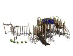 Front view of a product rendering of a steel playground with over 8 climbing elements and a slide.