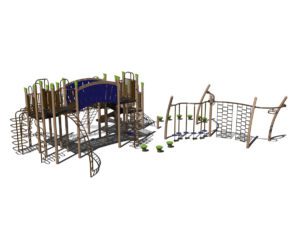 Rear view of a product rendering of a steel playground with over 8 climbing elements and a slide.