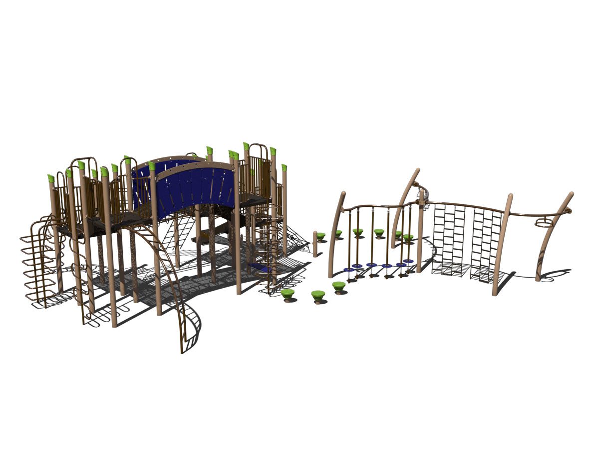 Rear view of a steel playground with over 8 climbing elements and a slide.